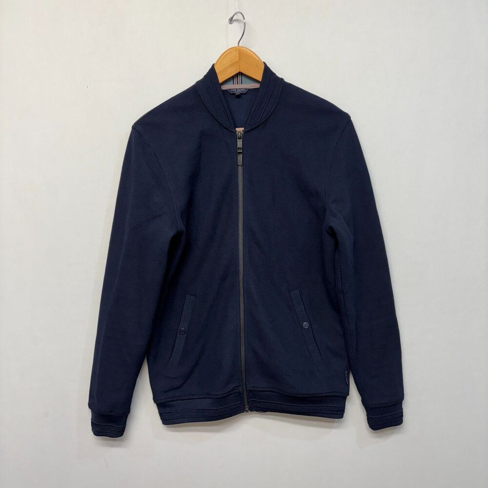 Ted Baker Men Full Zip Bomber Knit Jacket Size 2 Dark Blue D023 -29